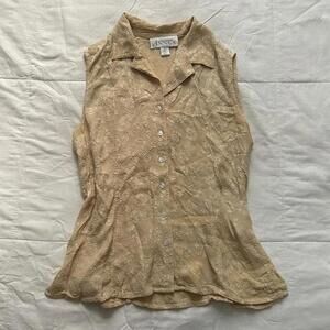 Vintage textured floral jacquard silk sleeveless butter yellow tan blouse
